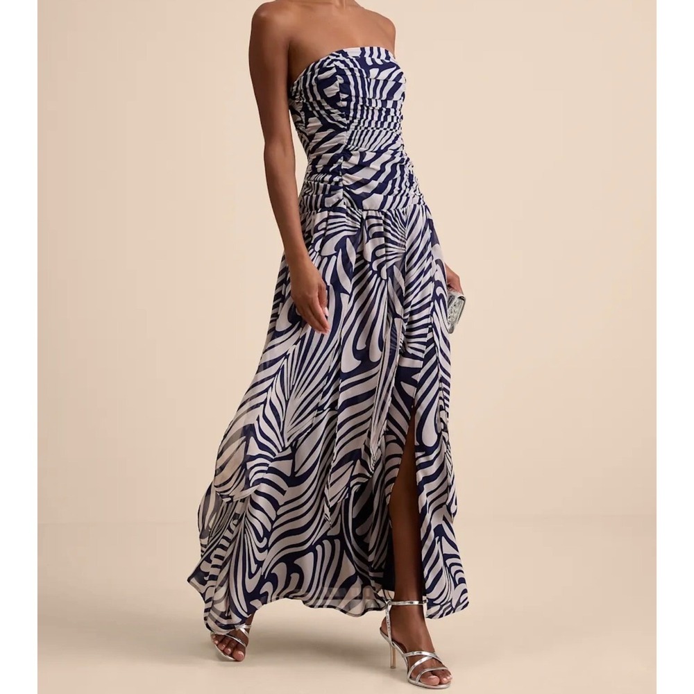 Lulus Calista Navy Print Ruched Drop Waist Maxi Dress Womens Lg Blue New NWT